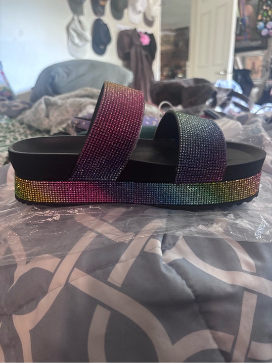 Dolls Kill Shoes - Dolls Kill Rainbow Rhinestone Platform Slide Sandals
